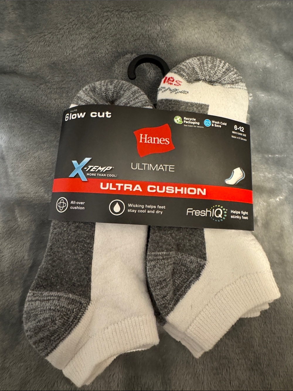 Hanes Ultimate Ultra Cushion No-Show Socks - Gray & White Mens size 6-12